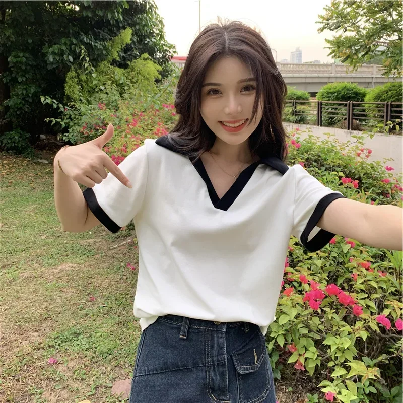 

New Women Contrast V Neck Striped Shirts Chic Kawaii Girls Spring Summer Slim Casual Tops All-Match Short Sleeve Tees Fashion