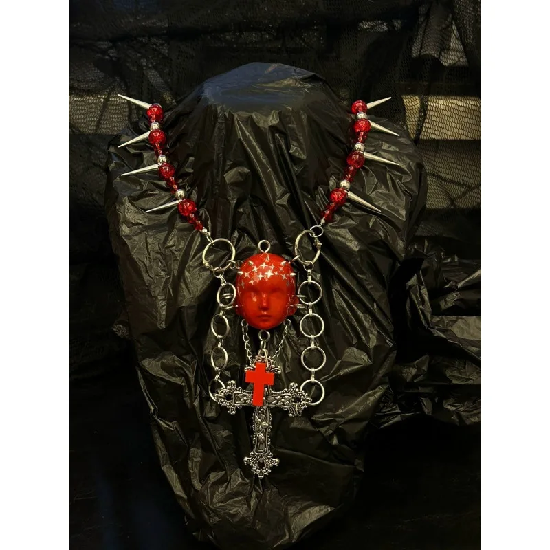 2025 New Punk Necklace Leather Choker Cross Metal Chain Rivet Human Face Dark Trendy Cool Neck Accessories for Women Men Jewelry