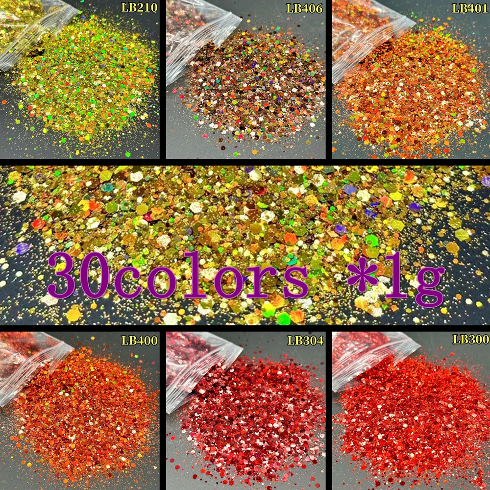 

30 Colors 1g Each Nail Glitter Sequins,Mix Size Hexagon Chunky Laser Holographic Chameleon Pigment for Manicure Nail Art Decor