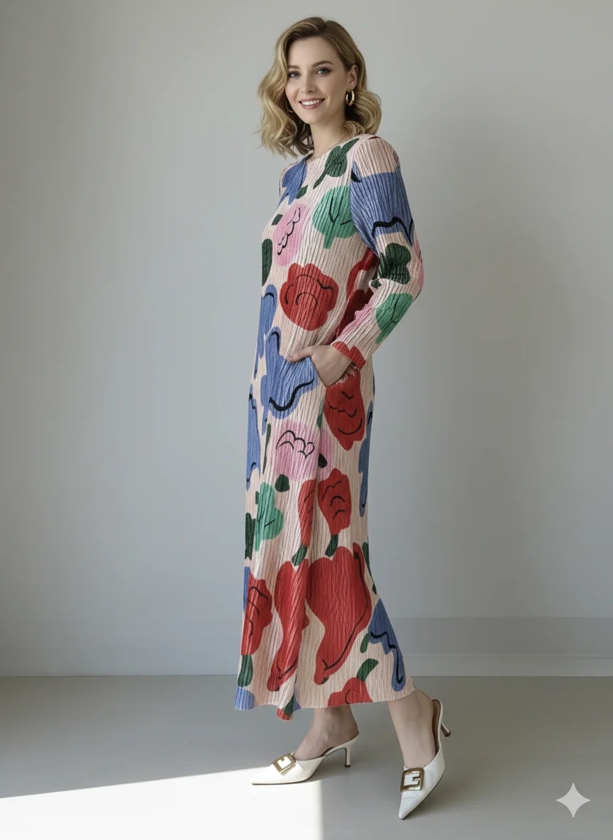 

Miyake Pleated 2026 Fall and Winter New Casual Velvet Dress Long Large Size Fashion Women's Long-sleeved Pleated Skirt Pleated