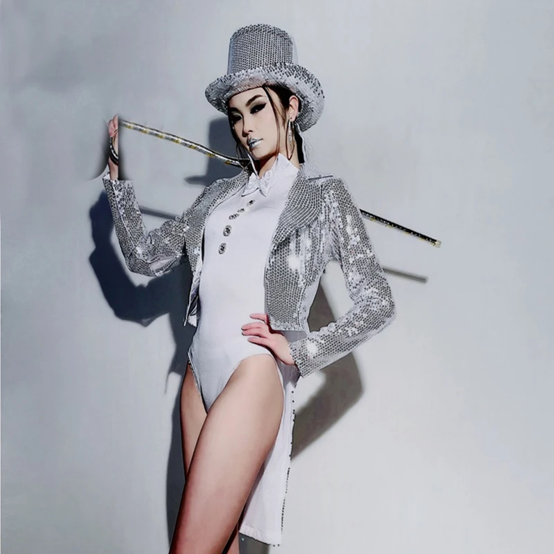 

Silver Sequins Tuxedo White Bodysuit Women Jazz Dance Clothes Group Gogo Costume Rave Outfit Stage Performance Wear XS5958