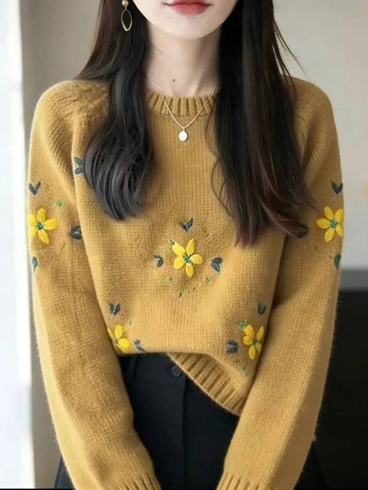 

Шикарный свитер с 3D цветами, женский осенне-зимний свободный круглый вязаный теплый базовый слой, топ, повседневный мягкий тканевый свитер