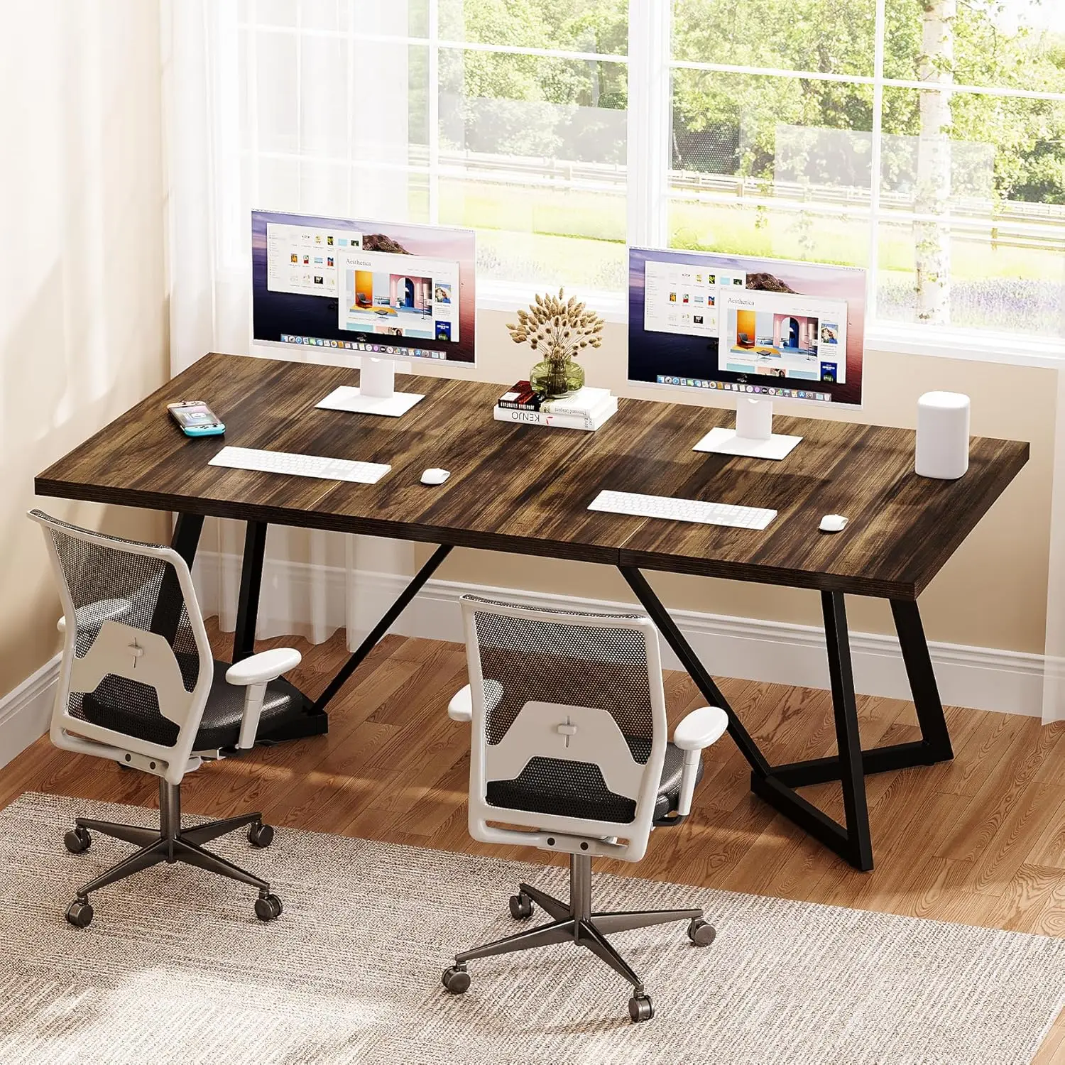 70.86-Inch Large Executive Desk, Modern Computer Office Desk Workstation with Metal Frame, Writing Table for Home Office