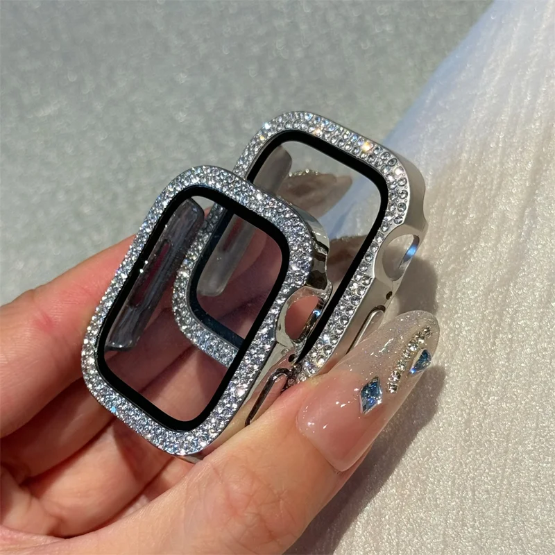 Diamond Cover For Apple watch Case 45mm 41mm 38mm 42mm 44mm 40mm Tempered Glass+Bumper Screen Protector series 9 8 7 6 5 4 3 SE view 2
