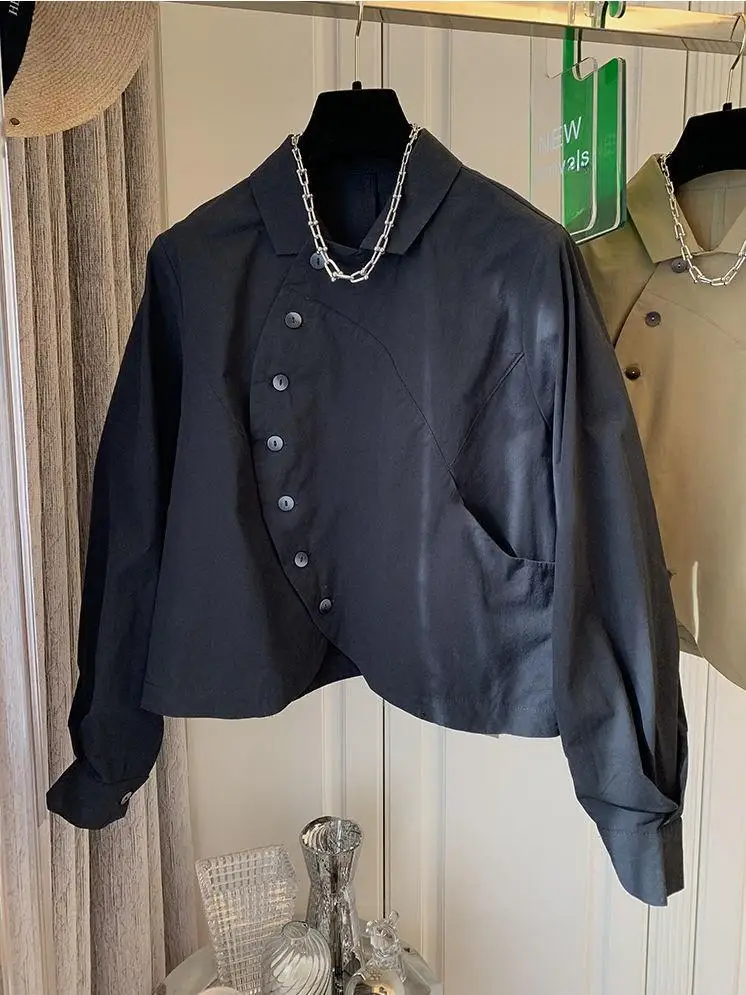 Spring and Autumn New Retro Western Style Short Side Curved Button Shirt with Flip Collar Long Sleeve Cotton Loose Shirt