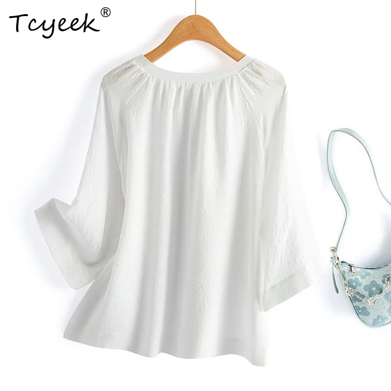 

Tcyeek, 100%Natural Silk Elegant T-Shirts, Women O Neck 3/4 Sleeve, Jacquard Loose Fashion Shirts, Summer Autumn New T47026QM