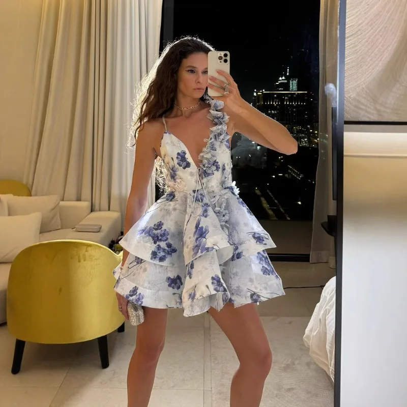 

Floral Print Cascading Ruffles Mini Party Dress Women Deep V-neck 3D Flower Spaghetti Straps Backless Summer Holiday Outfits