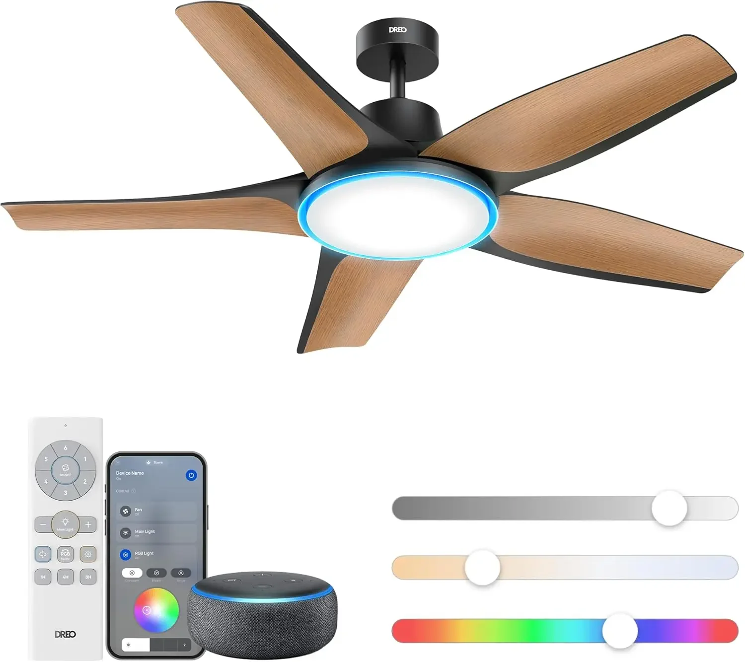 Plafonnier intelligent avec ventilateur, éclairage à intensité variable, réglage des documents, lumière ambiante RVB, profil bas, Alexa, App, 52 en effet