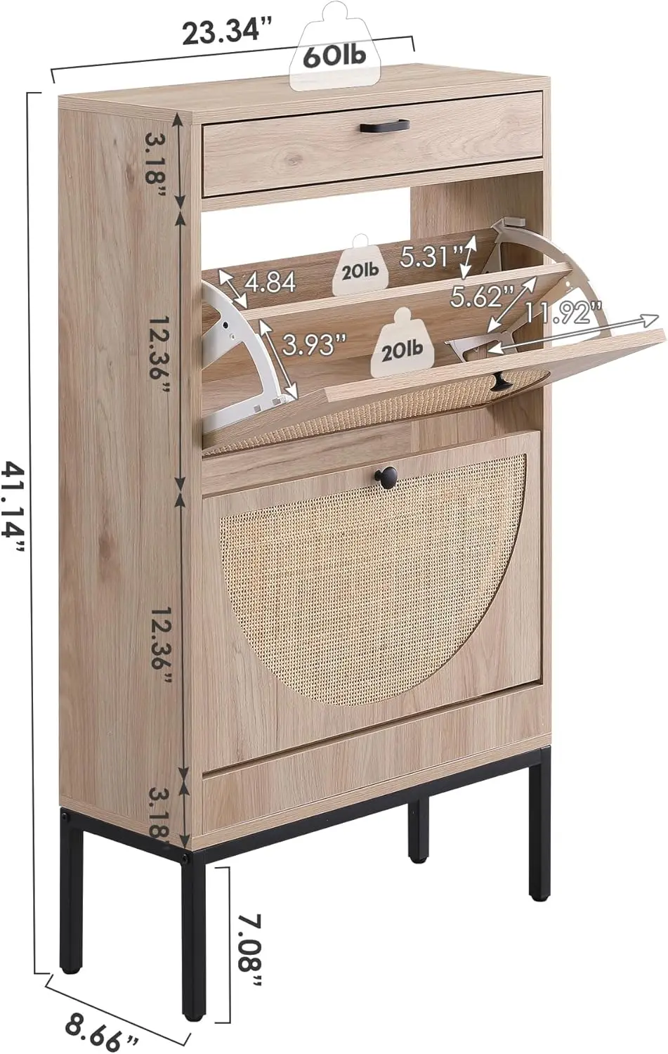 XIAO WEI Shoe Cabinet, Natural Semi Circle Rattan Shoe Storage Organizer Cabinet with 2 Flip Drawers, Freestanding Shoe Rack wit