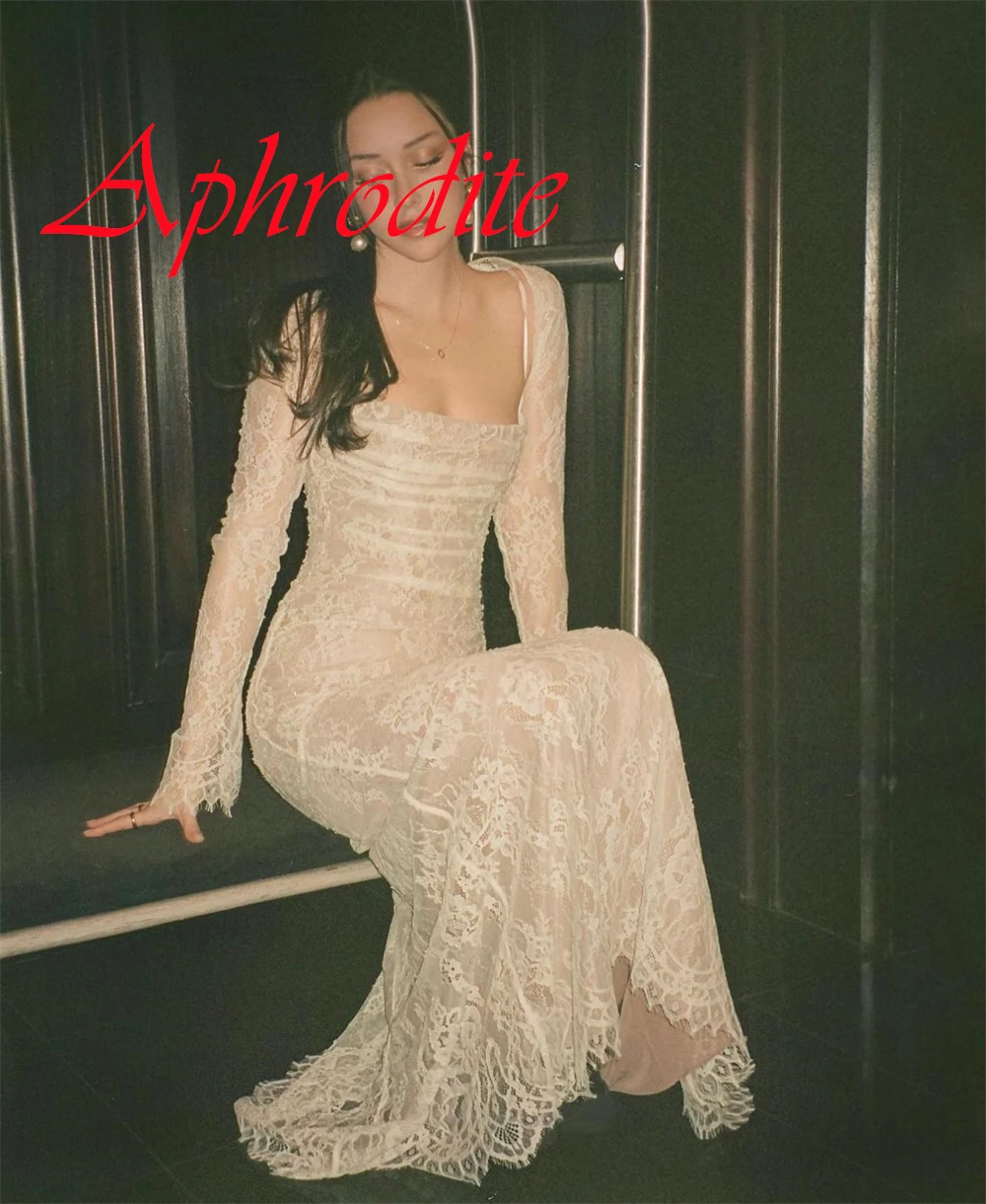 Customized Classic Ivory Lace Evening Dress Exquisite Square Collar Long Sleeves Zipper Back Mermaid Special Occasion Gowns