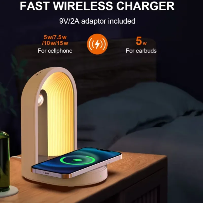 

Настольная LED-лампа 15 Вт с беспроводной зарядкой, сенсорным управлением, атмосферной подсветкой, Bluetooth-колонкой и функцией декорации для спальни