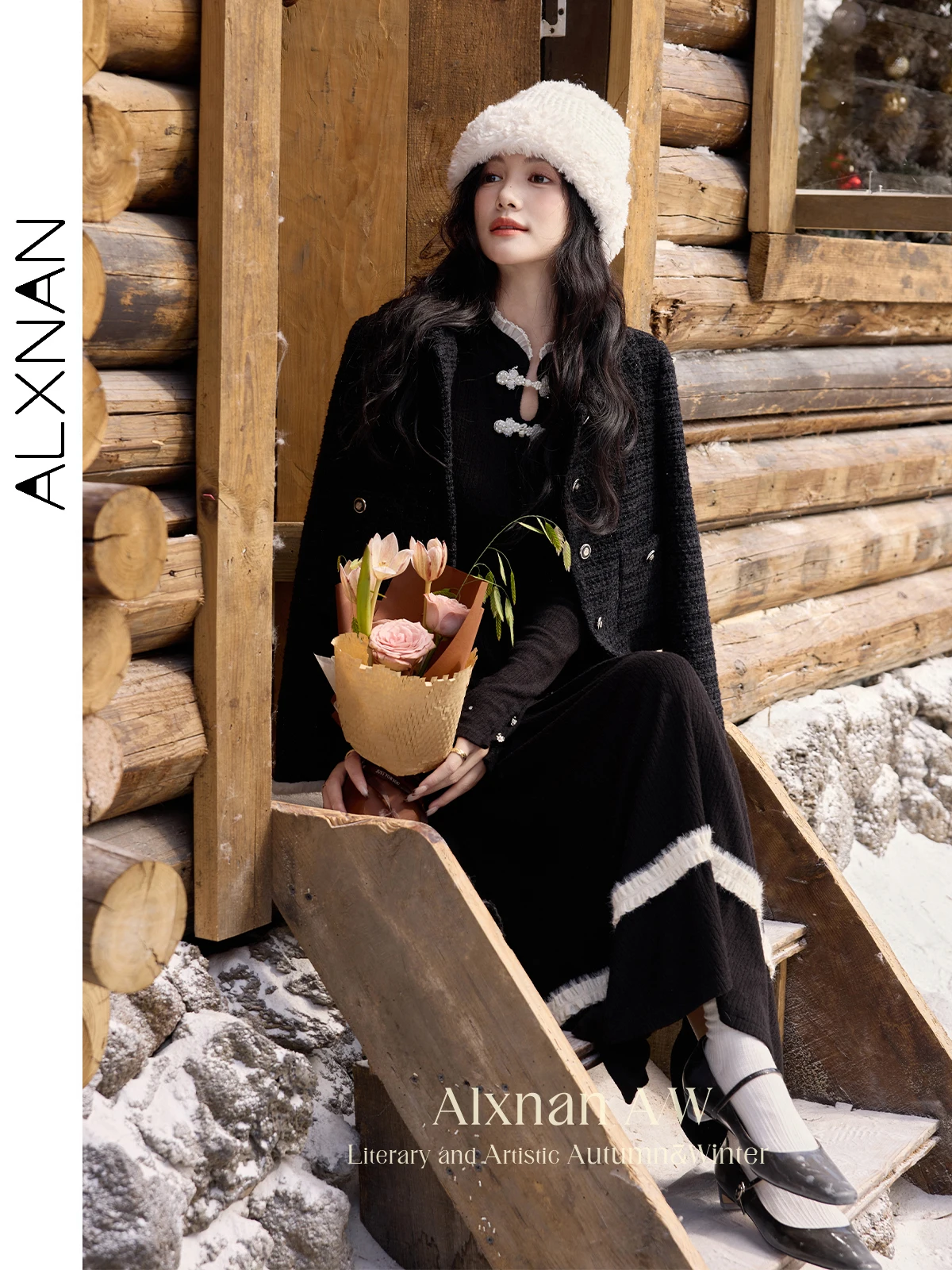 ALXNAN Women Midi Dresses Patchwork O-neck Long Sleeve A-line Elastic Waist Dress 20204 Winter Warm Slimming Clothing QJD00107