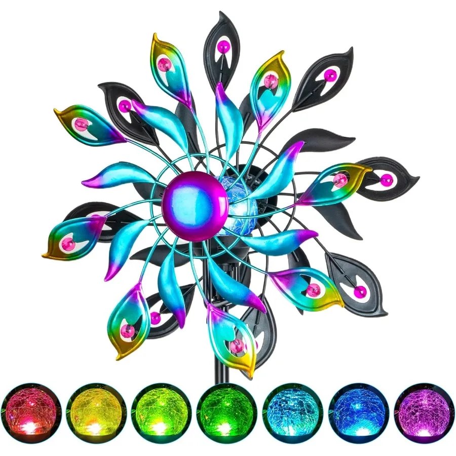 

51.9" Peacock Solar Wind Spinner Outdoor Decor Waterproof LED Lighted Garden Art with Adjustable Metal Pole IP65 Weather Resist