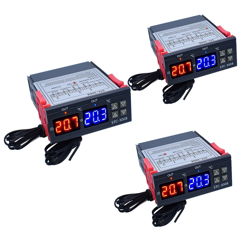 Dual Digital STC-3008 Temperature Controller รีเลย์เอาต์พุตเทอร์โมเครื่องทําความร้อนพร้อม Probe Temperature Controller
