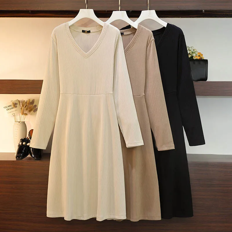 150Kg Plus Size Women's Bust 144 Spring Autumn New V-Neck Long Sleeve Knitted Dress Black Apricot Khaki 4XL 5XL 6XL 7XL 8XL