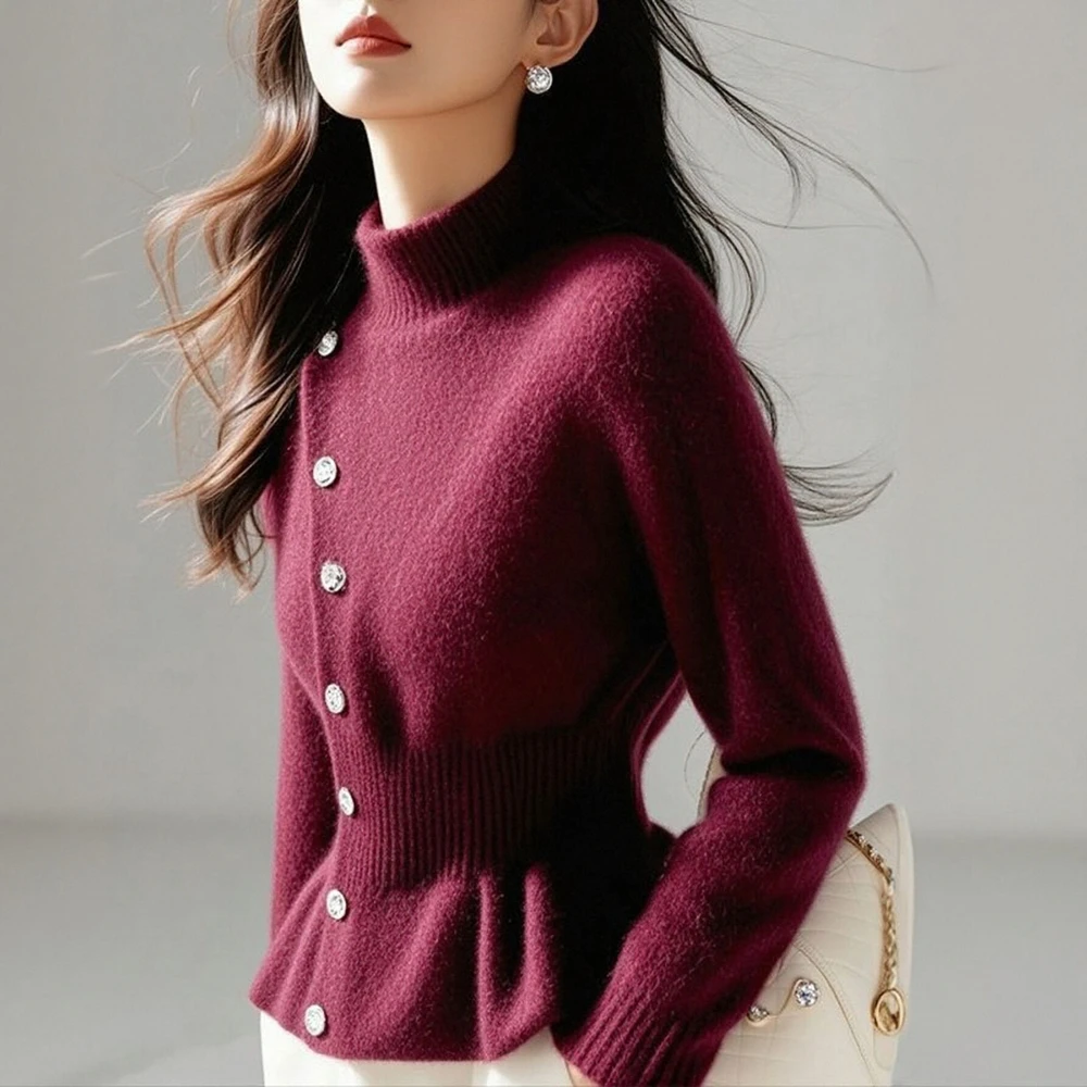 

Женский осенне-зимний свитер с длинными рукавами и высоким воротником на пуговицах, модный однотонный топ с завязками на талии для свиданий