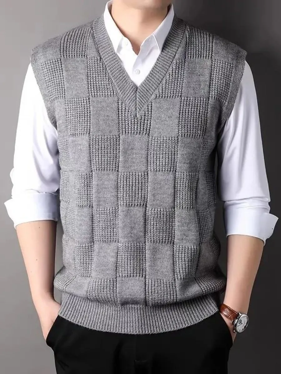 

Утепленный вязаный жилет-свитер однотонного цвета в повседневном стиле без рукавов для мужчин, осенне-зимний теплый жилет-свитер в стиле Urban для папы, для отдыха