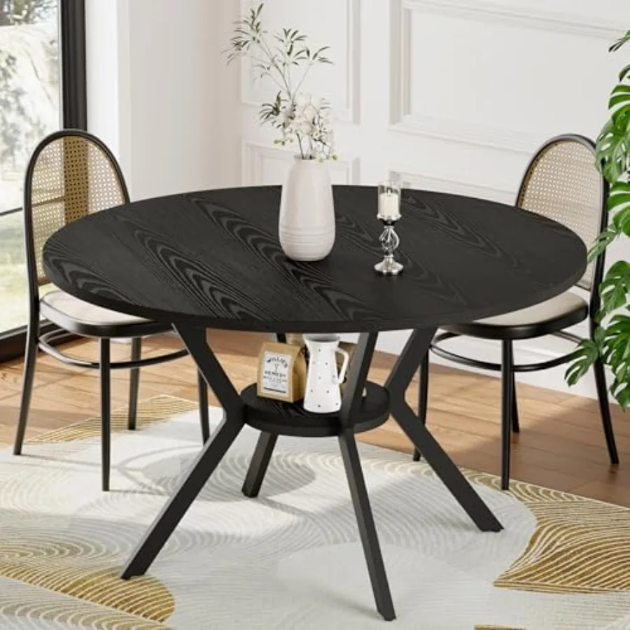 

Black 42 Inch Round Wooden Dining Table with Metal Legs and Storage for Kitchen Living Room Dining Room Rustic Mid Century Mode