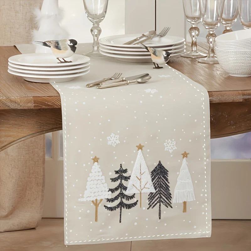 Christmas Table Runner Beige and Brown Winter Scene with Pine Trees Snowflakes and Stars Festive Christmas Table Decorations