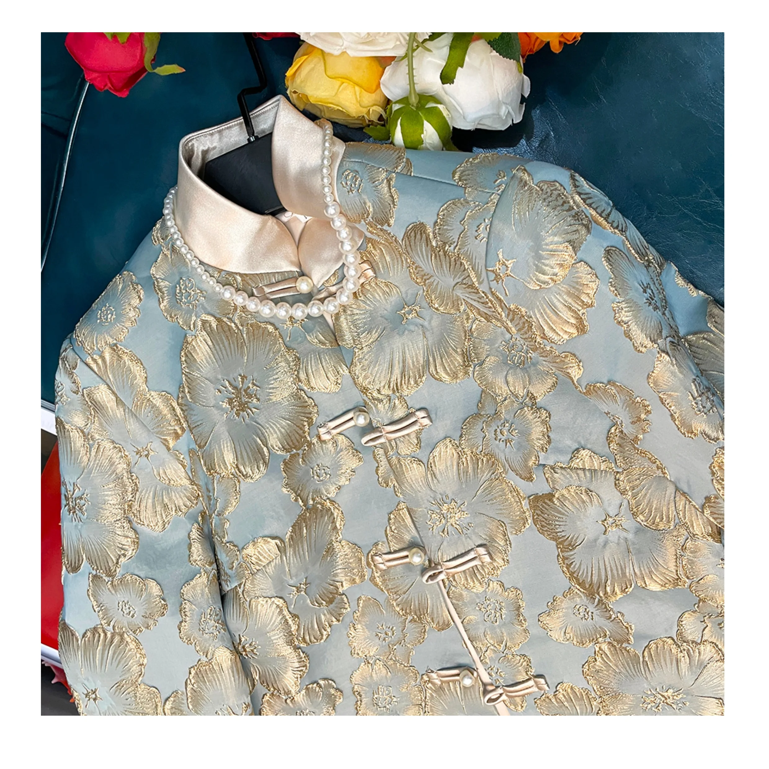 معطف دوبي أزرق عتيق مرقع للنساء ، طراز صيني ، معاطف جاكار ، جاكيت جاكار أنيق ، جديد ، الربيع والخريف ،