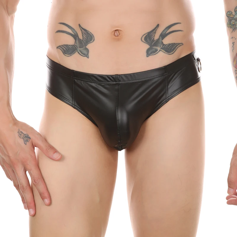 Mens Sexy Faux Leather Soft Boxer Porn Briefs PU Metal Ring Exotic Lingerie Raised Penis Bag Fetish Costume BDSM Bondage Cosplay