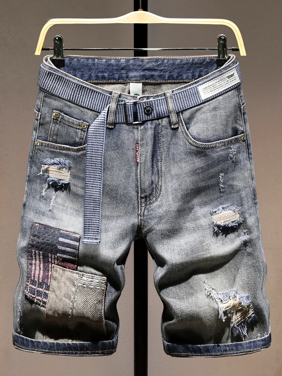 

Модные мужские джинсовые шорты, летняя новинка, удлиненные, с заплатками, в стиле рабочей одежды, из хлопка с эластаном, прямого кроя