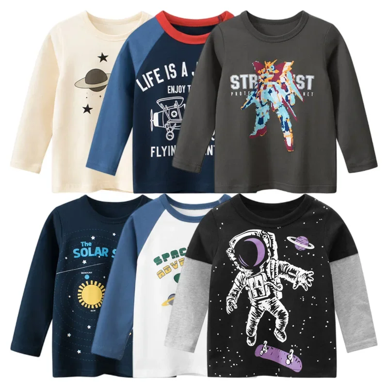 2024 Autumn Sweatshirt Boys Girls Cartoon Astronaut T-shirts Children\'s Long Sleeve Rocket Cotton Tops Child Space Kids Clothes