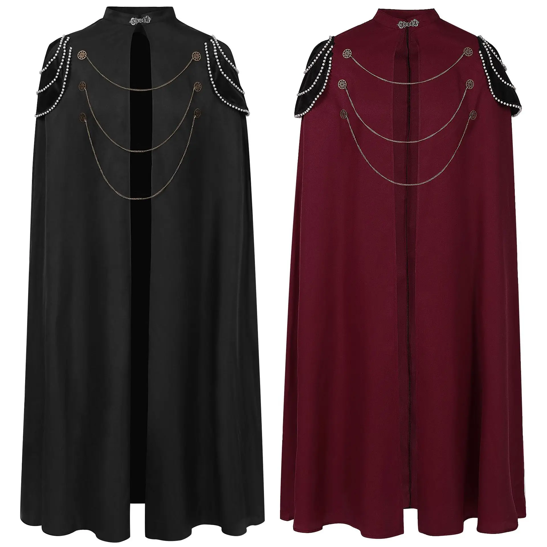 Men's Halloween Cosplay Costume Steampunk Red Cape Metal Chain Medieval Knight Black Cloak Victorian Royal Coat