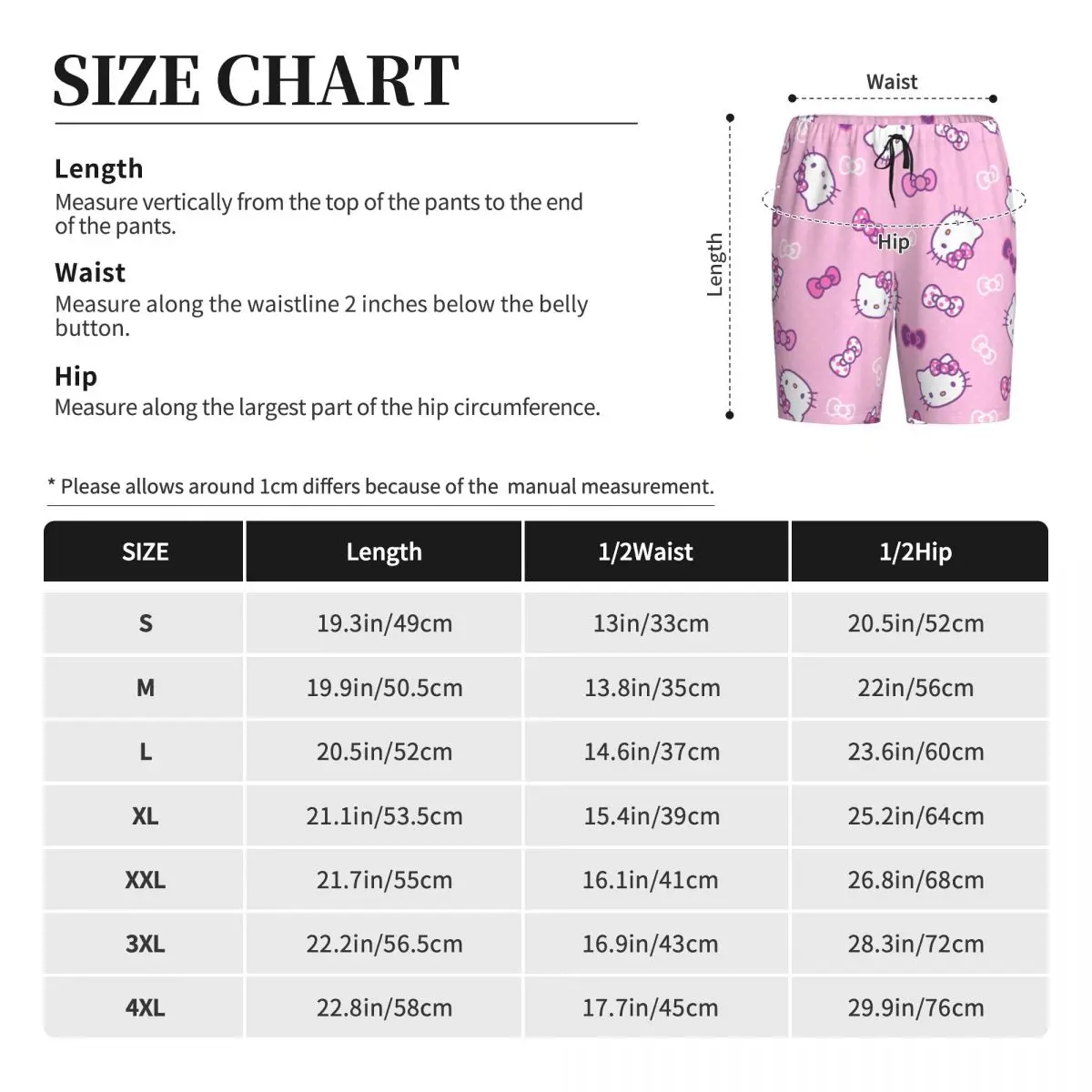 Custom Print Men's Pink Bow Animated Anime Hello Kitty Pajama Bottoms Sleepwear Pjs Sleep Shorts with Pockets