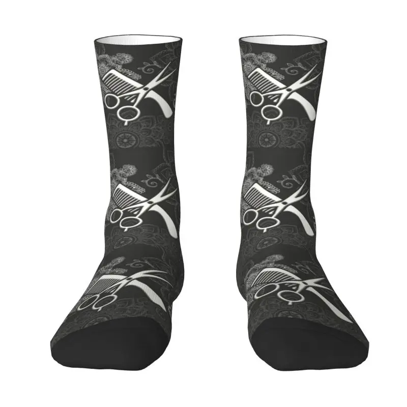 Calcetines de peluquero Kawaii con Mandala y flores para hombre y mujer, medias cálidas con estampado 3D, tijeras de peluquero, peine, calcetines deportivos de fútbol