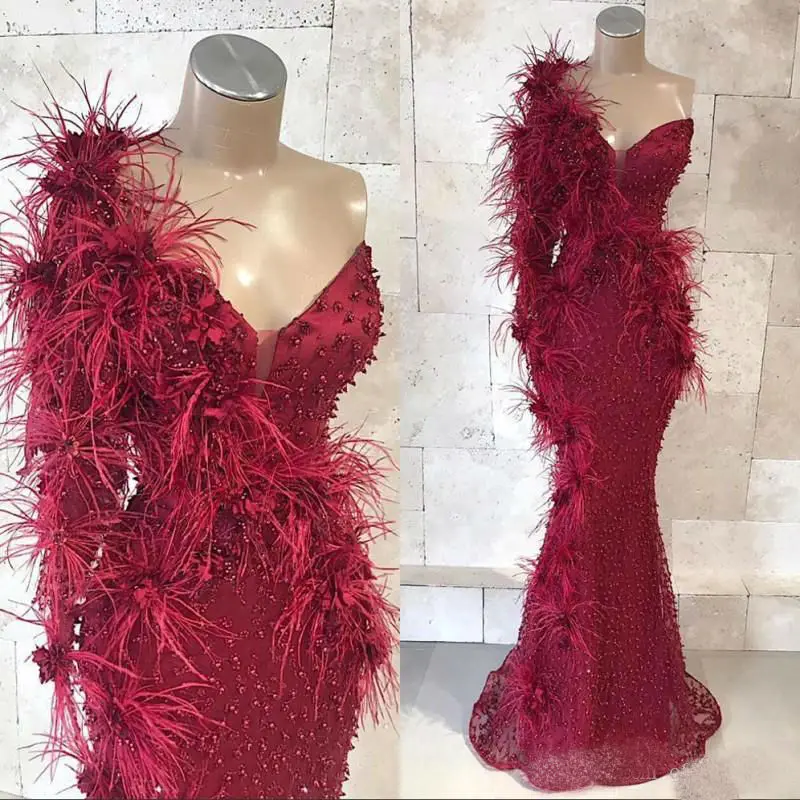 

Burgundy Mermaid One Shoulder Evening Dress Lace Applique Prom Dress Beaded Wedding Party Evening Dress Custom