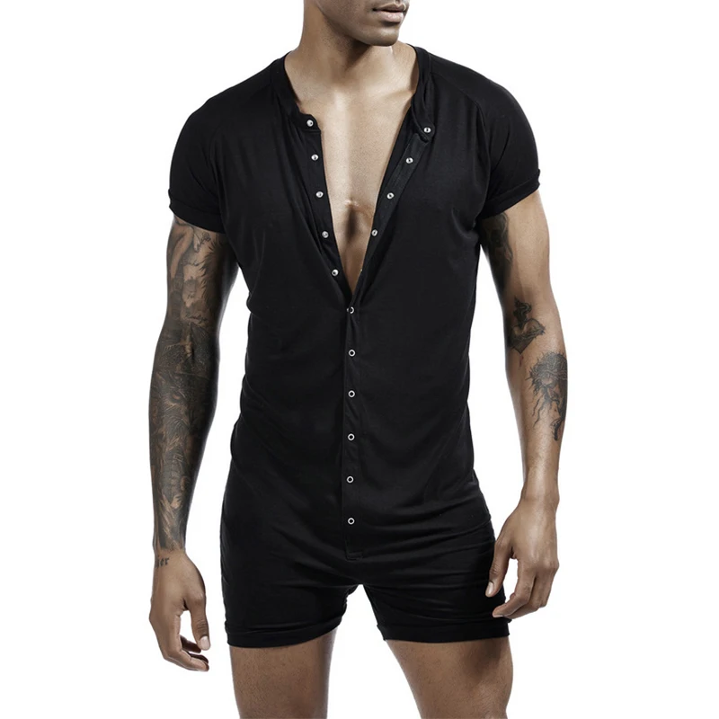 Sexy Button-up Crew Neck Jumpsuits Mens Summer Casual Solid Color Slim Fit Short Sleeve Bodycon Mens Pajamas Shorts Bodysuits
