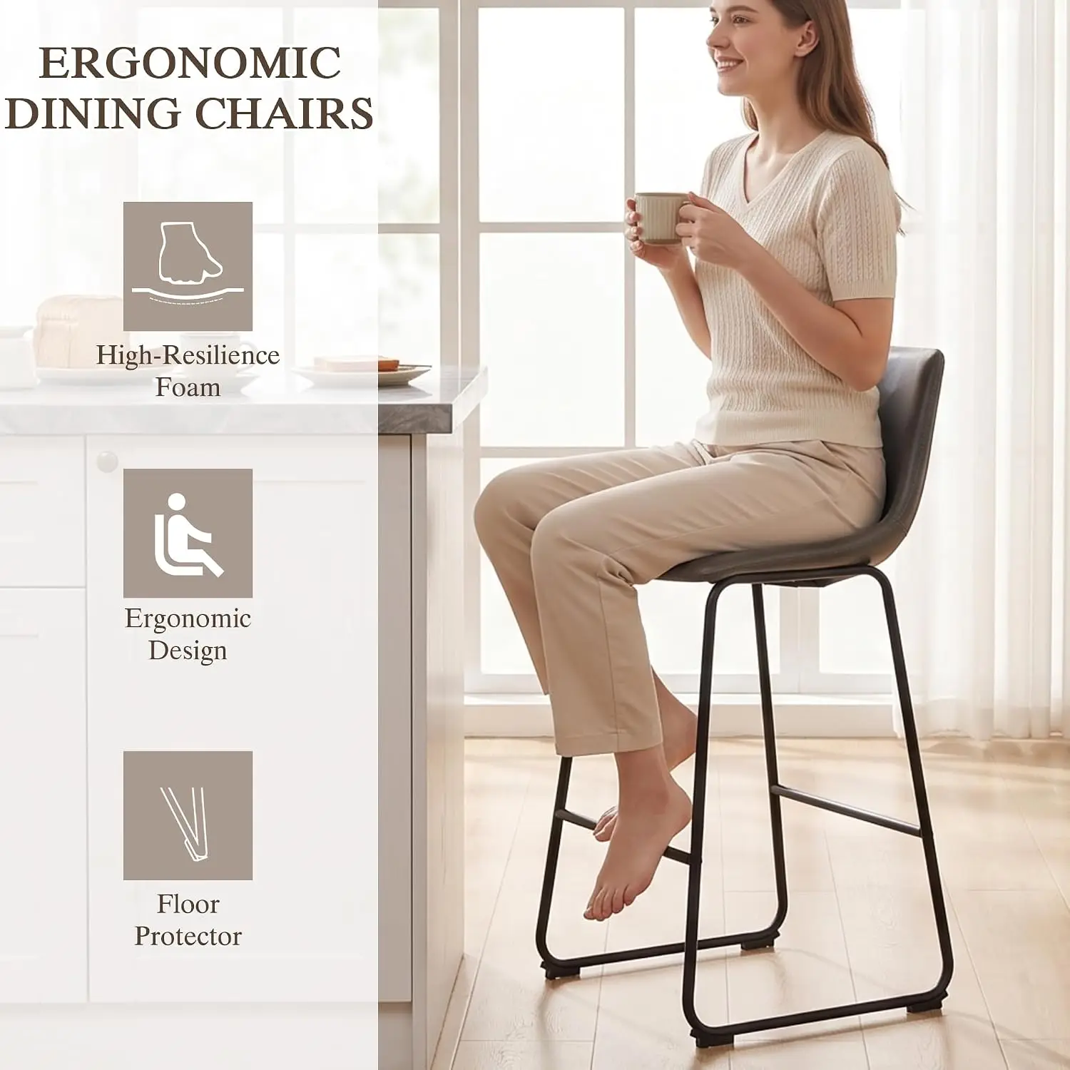 Modern Counter Height Barstools 26 Inch PU Leather Metal Legs & Footrest Armless Back Kitchen Island Grey Set 4, Customized