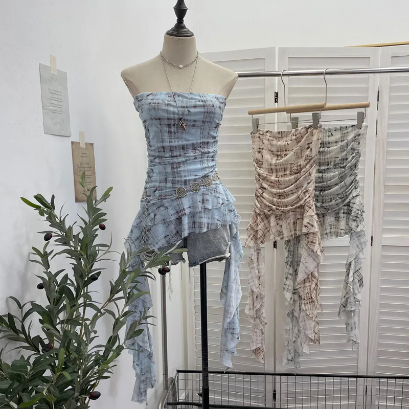 Chic Plaid Double Layer Tulle Strapless Vest Lightweight Breathable Anti Slip Strip Irregular Ribbon Sleeveless Summer Top 1571