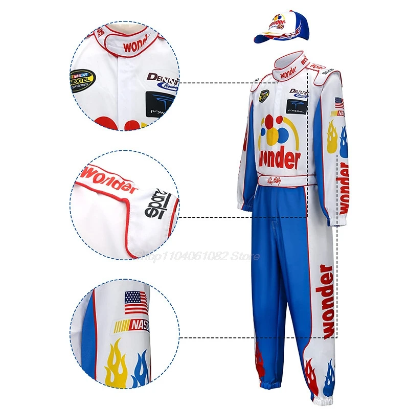 Ricky Bobby Racing Cosplay Kostüm für Halloween mit Overall und Hut Halloween Kostüme für Frauen