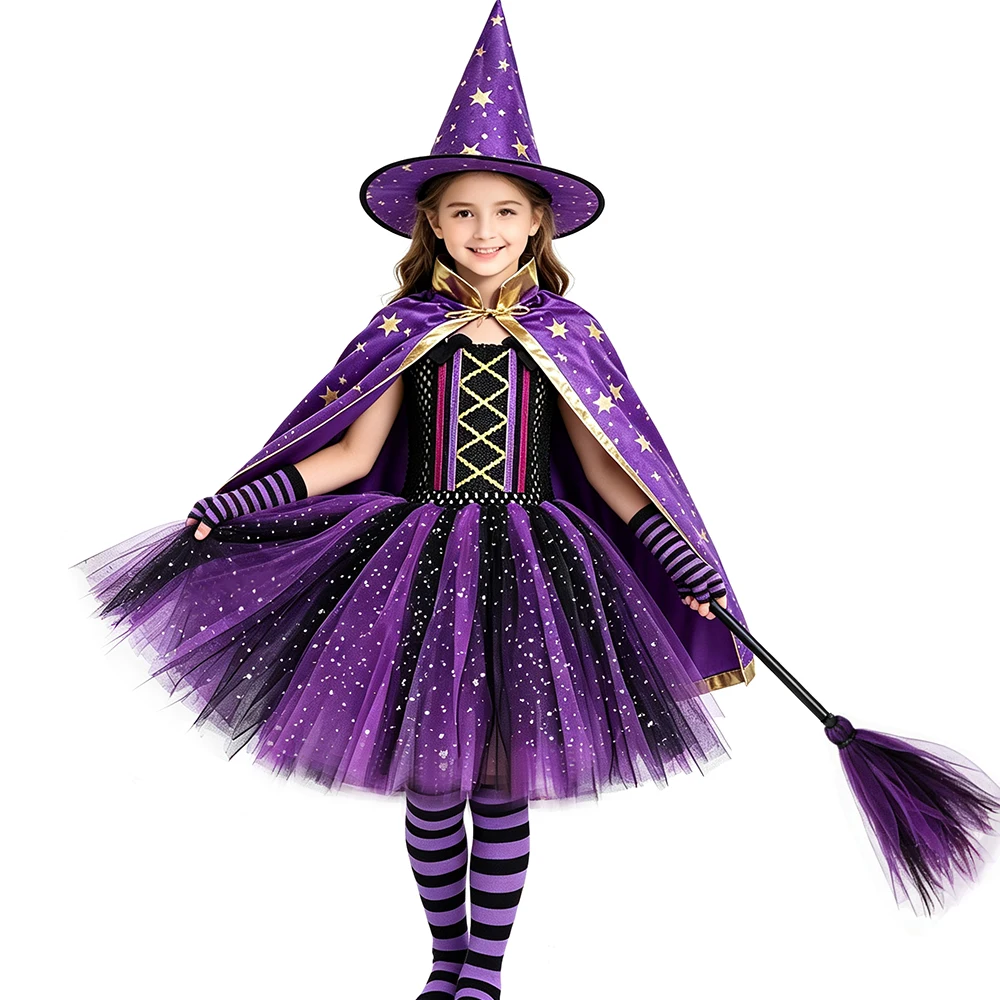 Sparkle Purple Black Witch Costume for Girls Halloween Carnival Dress Up Kids Evil Magic Witch Tutu Dress with Cape Hat Broom