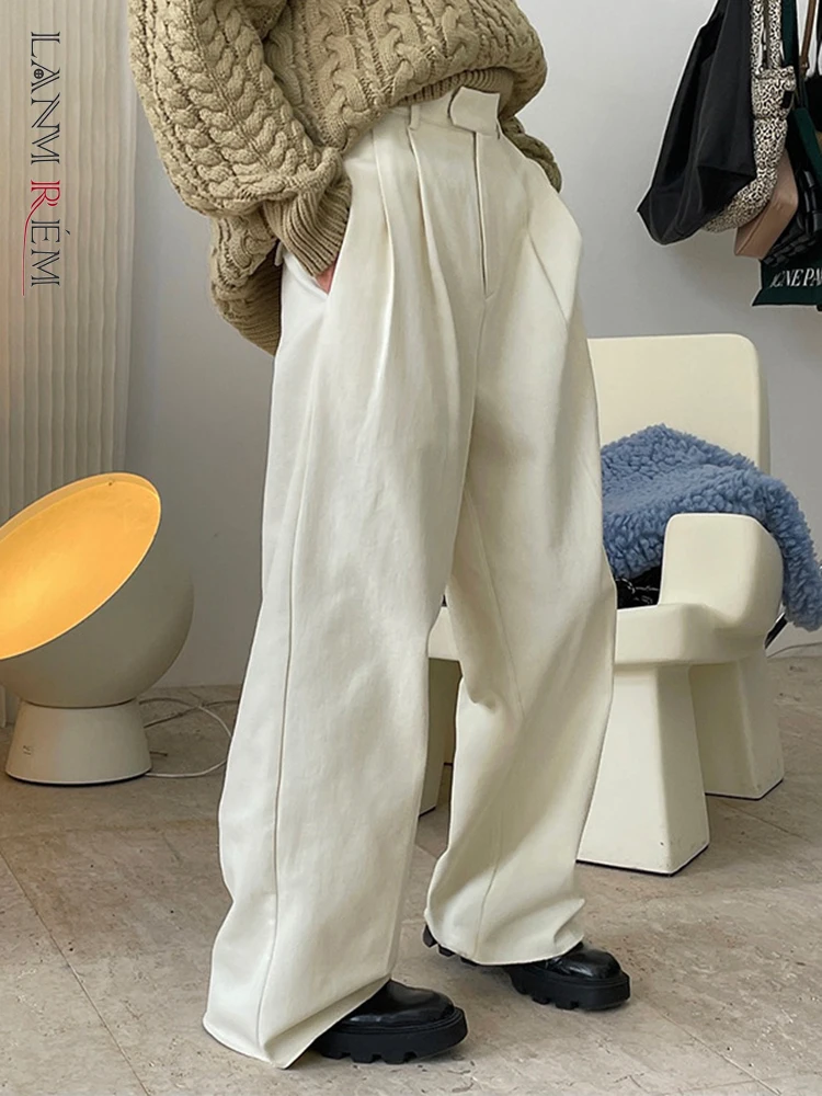 

[LANMREM] Minimalism High Waist Pleated Pants For Women Solid Straight Wide Leg Trousers Fashion Clothes 2024 Spring New 26D5510