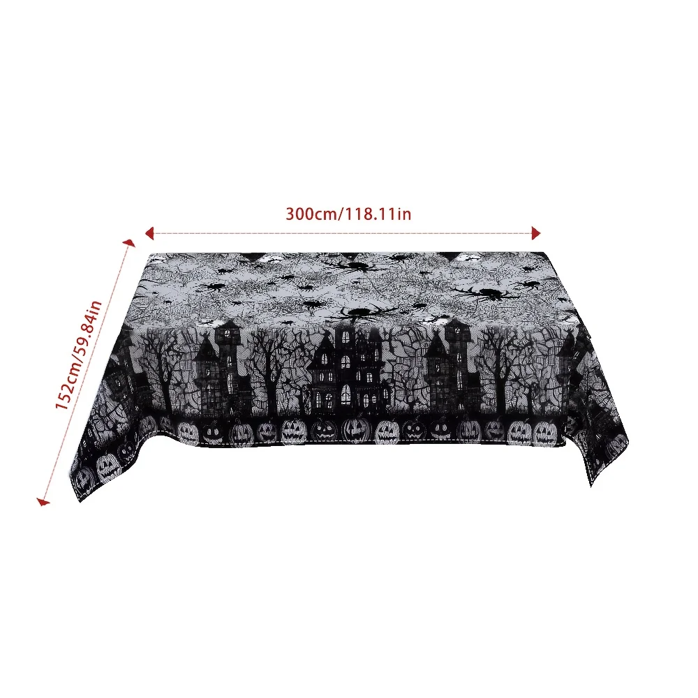 One rectangular tablecloth with Halloween-themed black and white spider, web and castle patterns for the table.