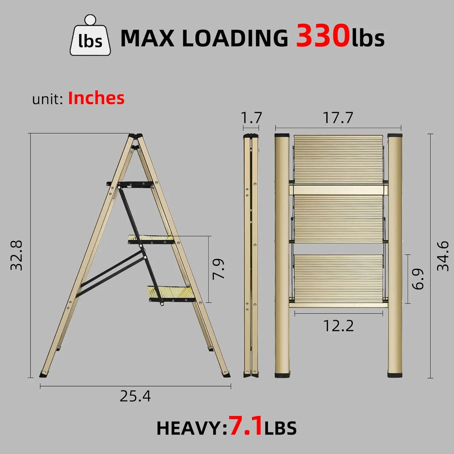 Wider Upgraded Non-Slip Treads, Portable Lightweight Ladder for Home and Kitchen, Holds up to 330 Lbs.