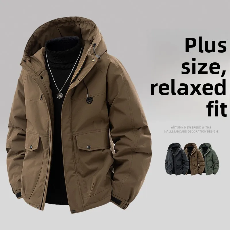 Jesienno-zimowa, ocieplana kurtka z kapturem dla puszystych mężczyzn, dwuwarstwowa, luźna, bardzo duża kurtka męska.