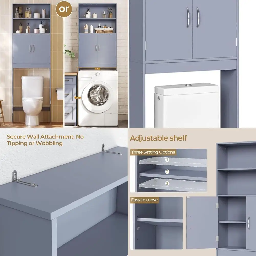 

Grey Space-Saving Tall Bathroom Cabinet with Adjustable Shelves and Double Doors, 77 High