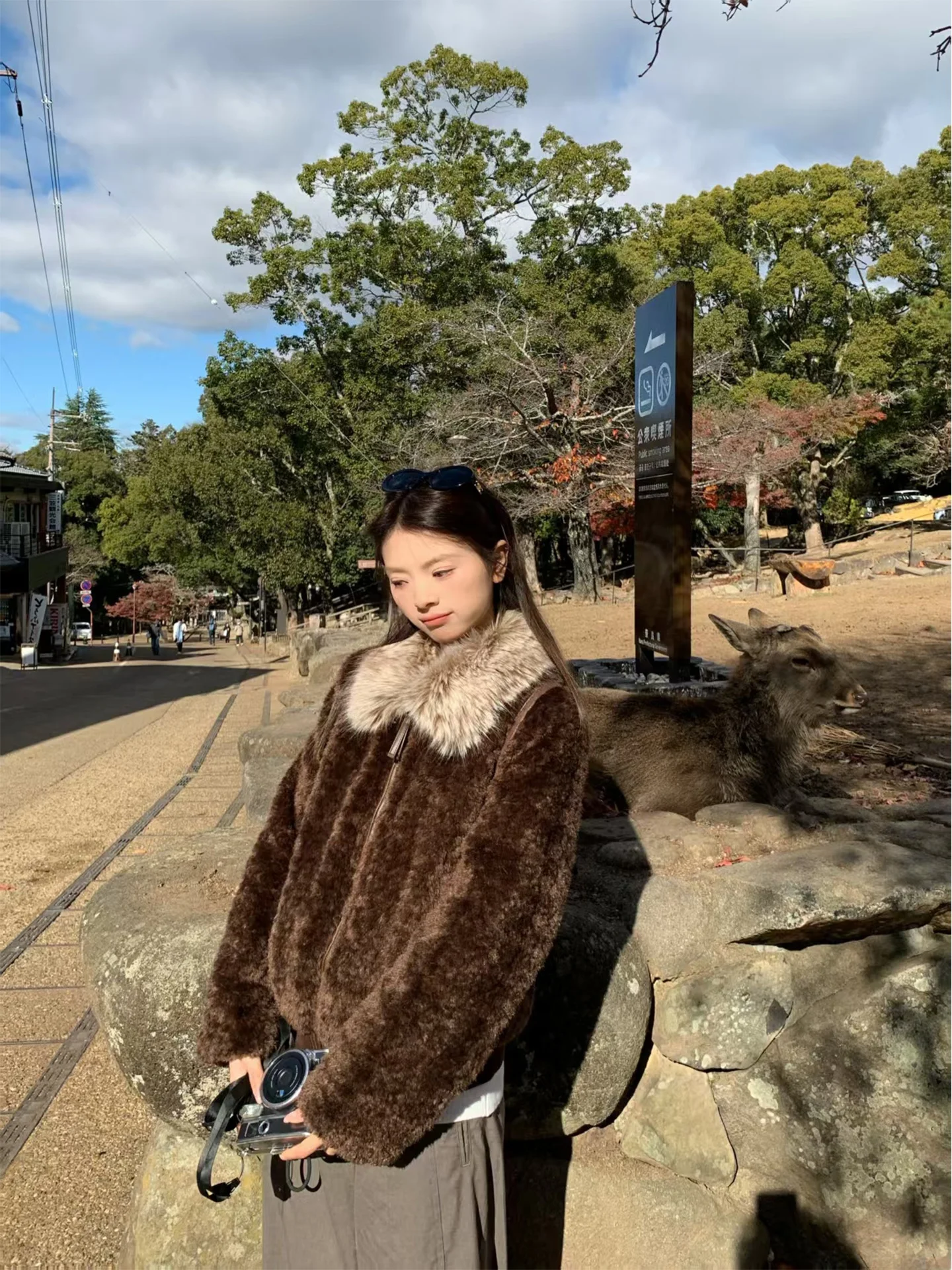 

Женская зимняя теплая куртка FAN в стиле ретро с большим меховым воротником, из экологичной овечьей кожи, корейский стиль, на молнии