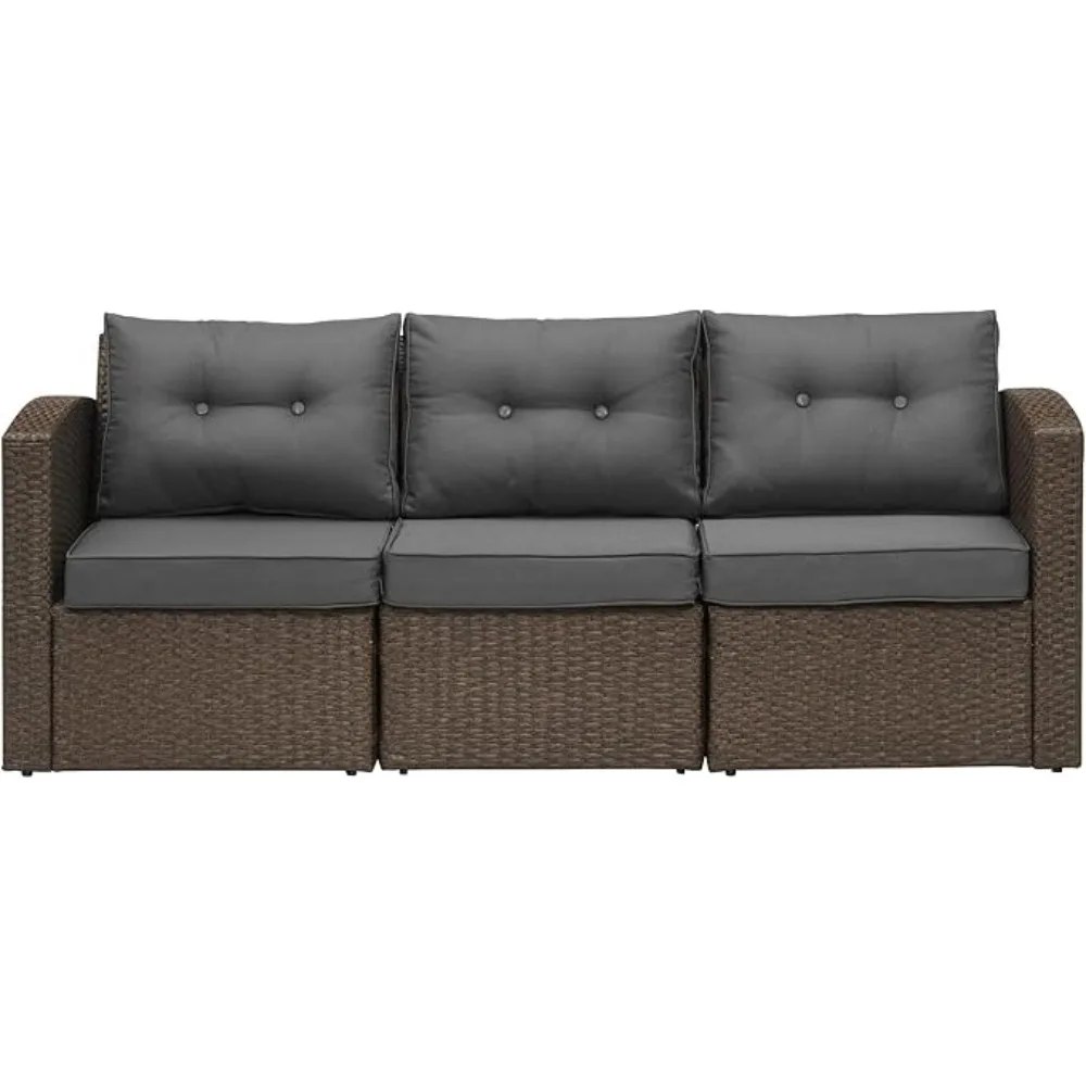 Patio Loveseat, 3-Seat Wicker Outdoor Sectional Couch with Non-Slip Beige Cushions, Extra Sofa Furniture, Aluminum Frame