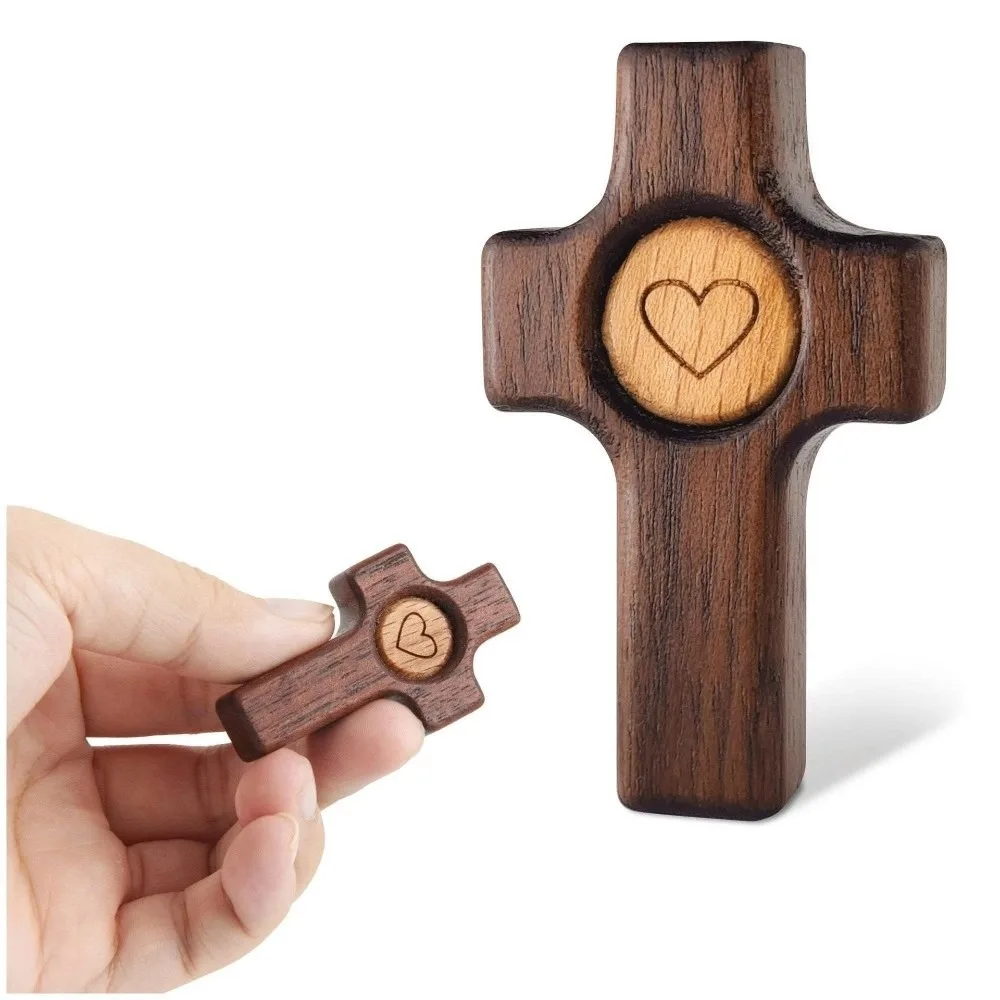Walnut Wood Wooden Cross Spiritual Symbols Heart Pattern Handheld Crucifix Multi-functional Stress Relief Pocket Crosses