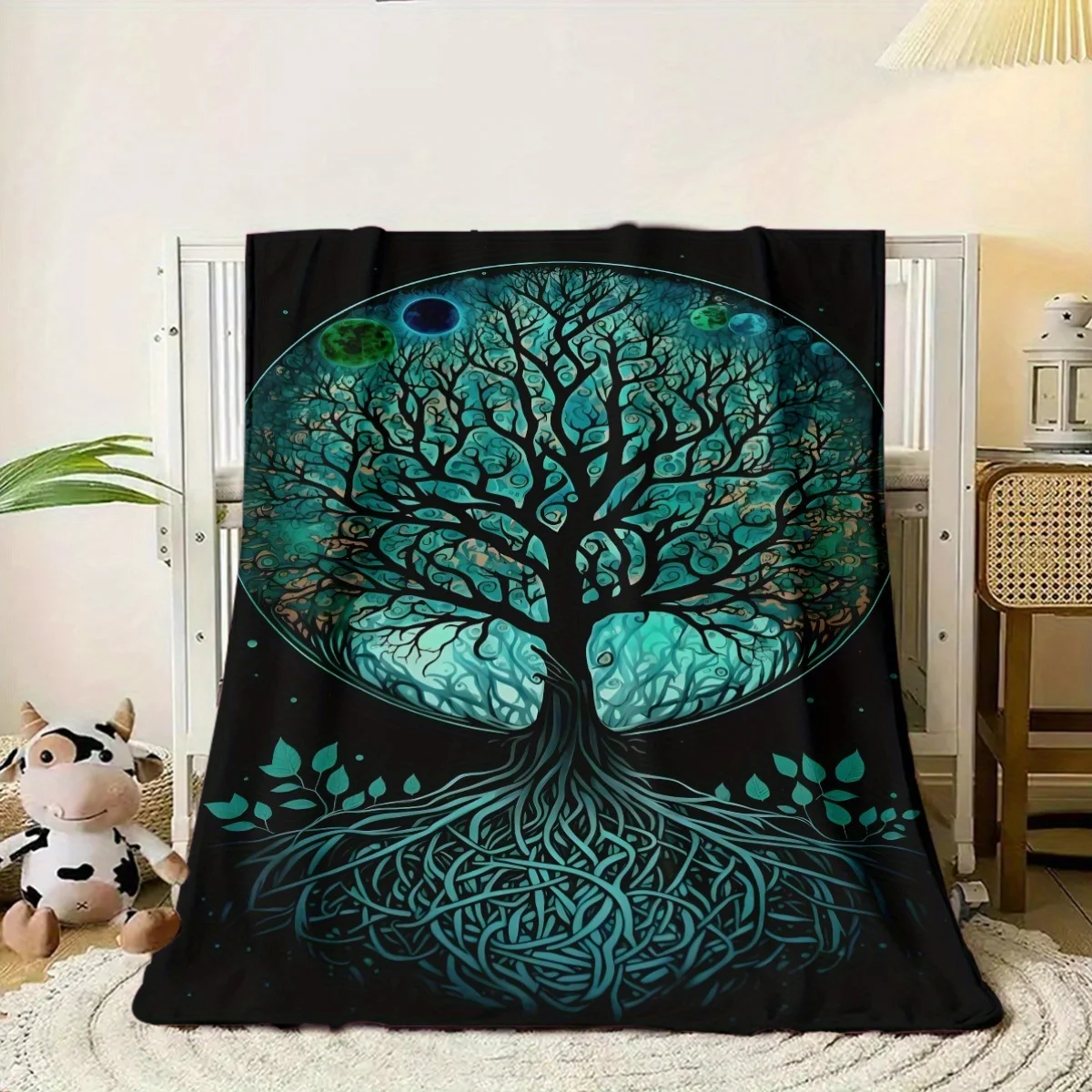 Custom Tree of Life Blanket Mystical Galaxy Roots Planets Design Personalized Name Fleece Throw All Season Soft Warm Bedding
