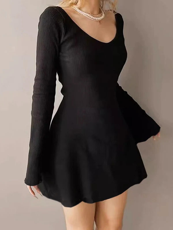 Knitting Elegant Women\'s Dress Black Long Sleeve Solid Slim Fit Party Mini Dress Simple Basic Spring Autumn Slim A-Line Dresses