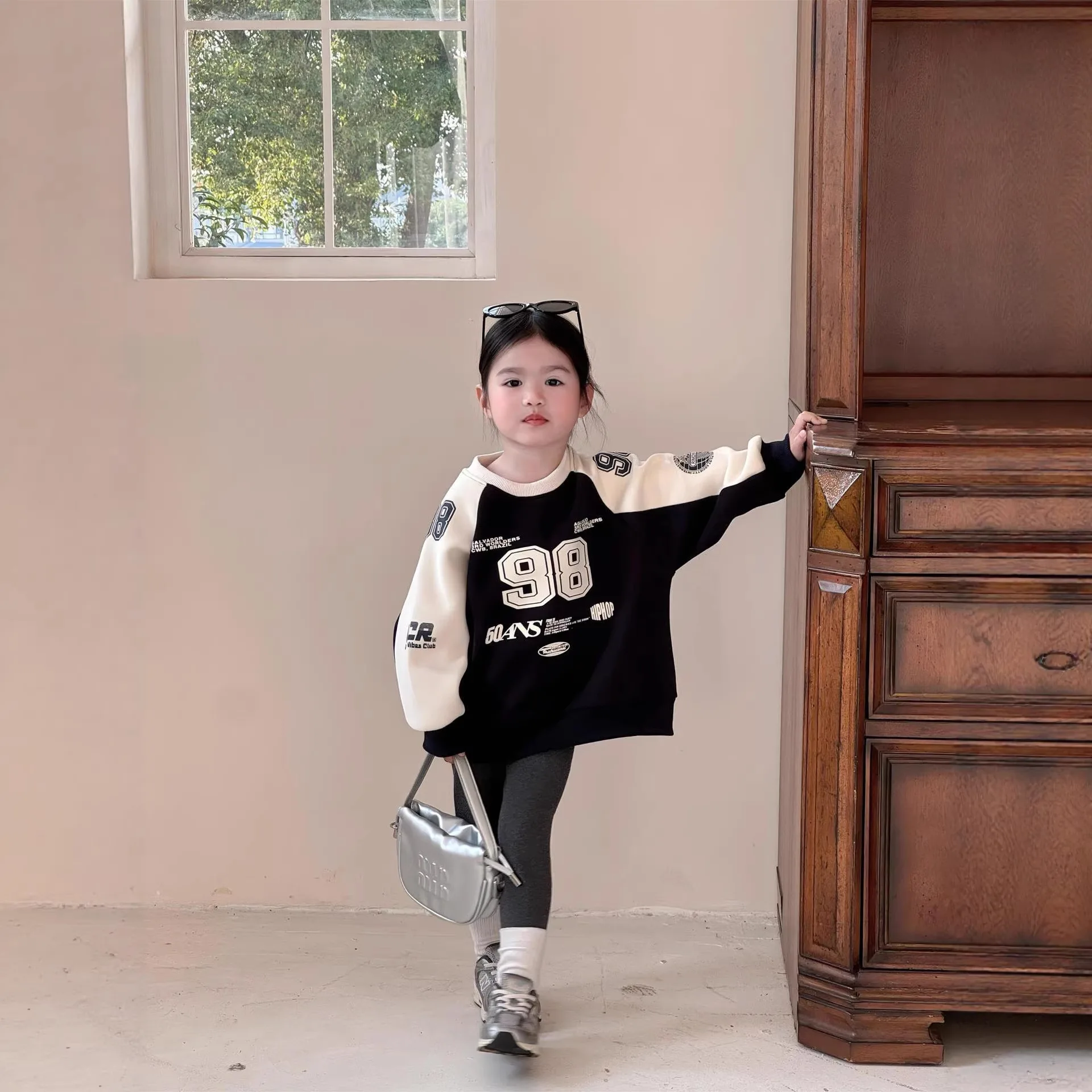 2026 Spring Children Girl 2PCS Clothes Set Cotton Letter Print Kid Girl Top Suit Baby Girls Spliced Sweatshirt Grey Tight Outfit