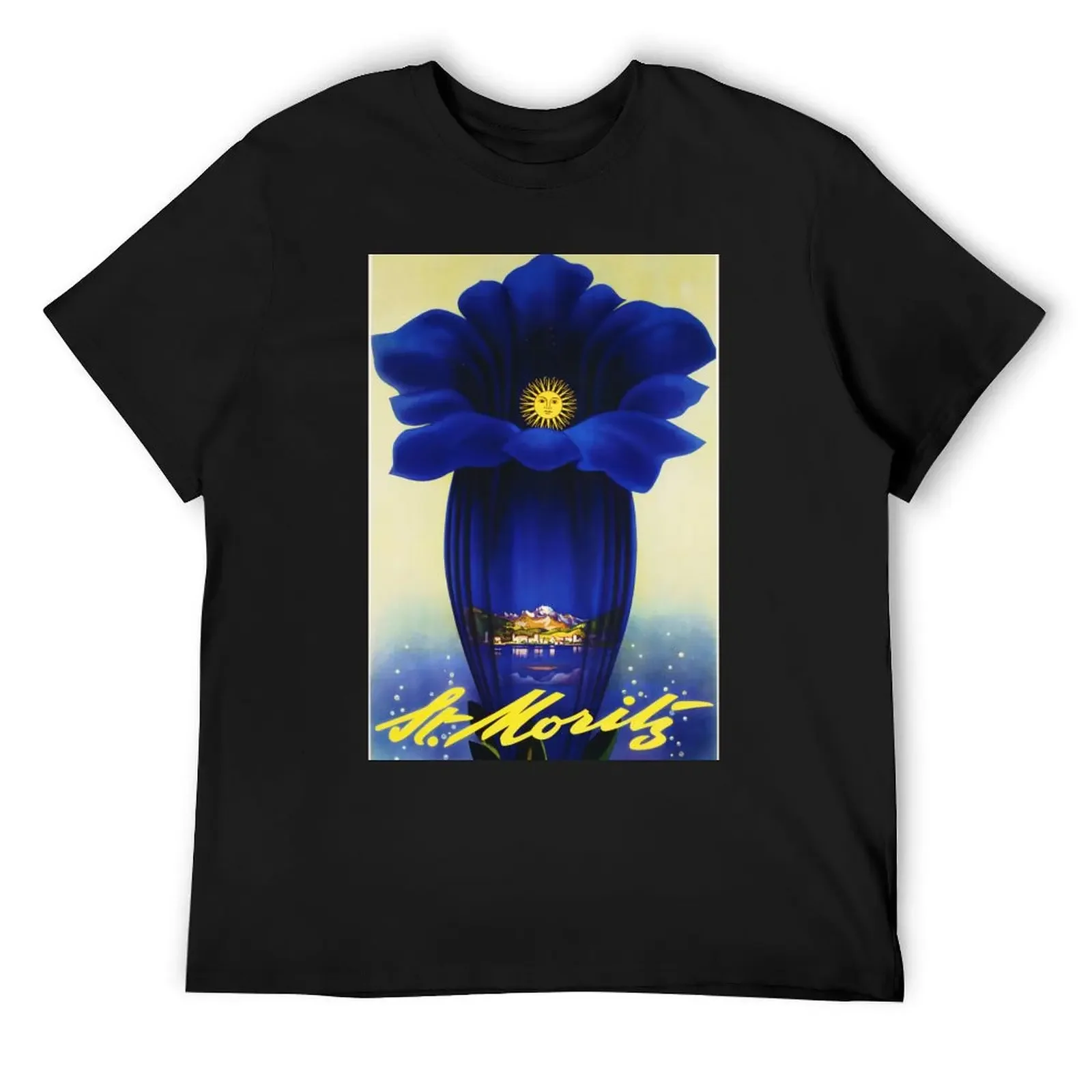 

ST MORITZ SWITZERLAND Blue Trumpet Flower Vintage Tourism Advertisement Poster 1952 by Leo Keck T-Shirt