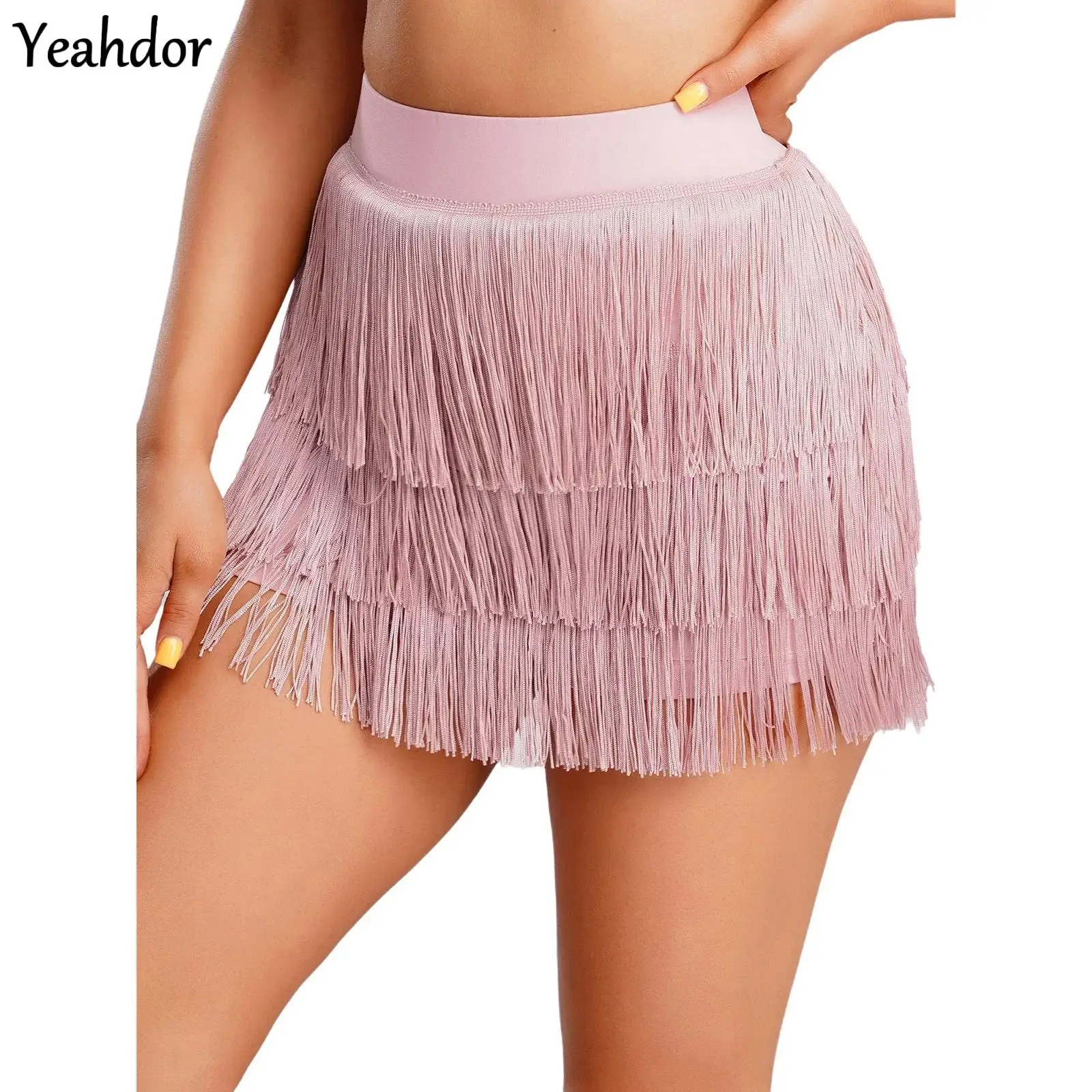 

Women Latin Dance Skirt Built-in Shorts Elastic High Waist Tiered Tassel Skirt Chacha Tango Samba Balls Fringe Dance