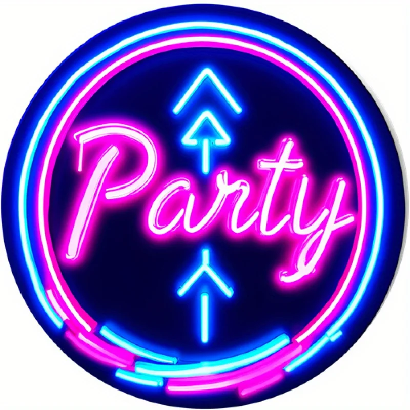 2D Flat - 1pc 2D Flat-Printed Metal Sign Featuring a Retro Neon-Style Round Design with Lively Pink And Blue Arrows, Ideal for D